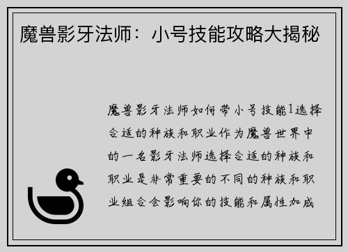 魔兽影牙法师：小号技能攻略大揭秘
